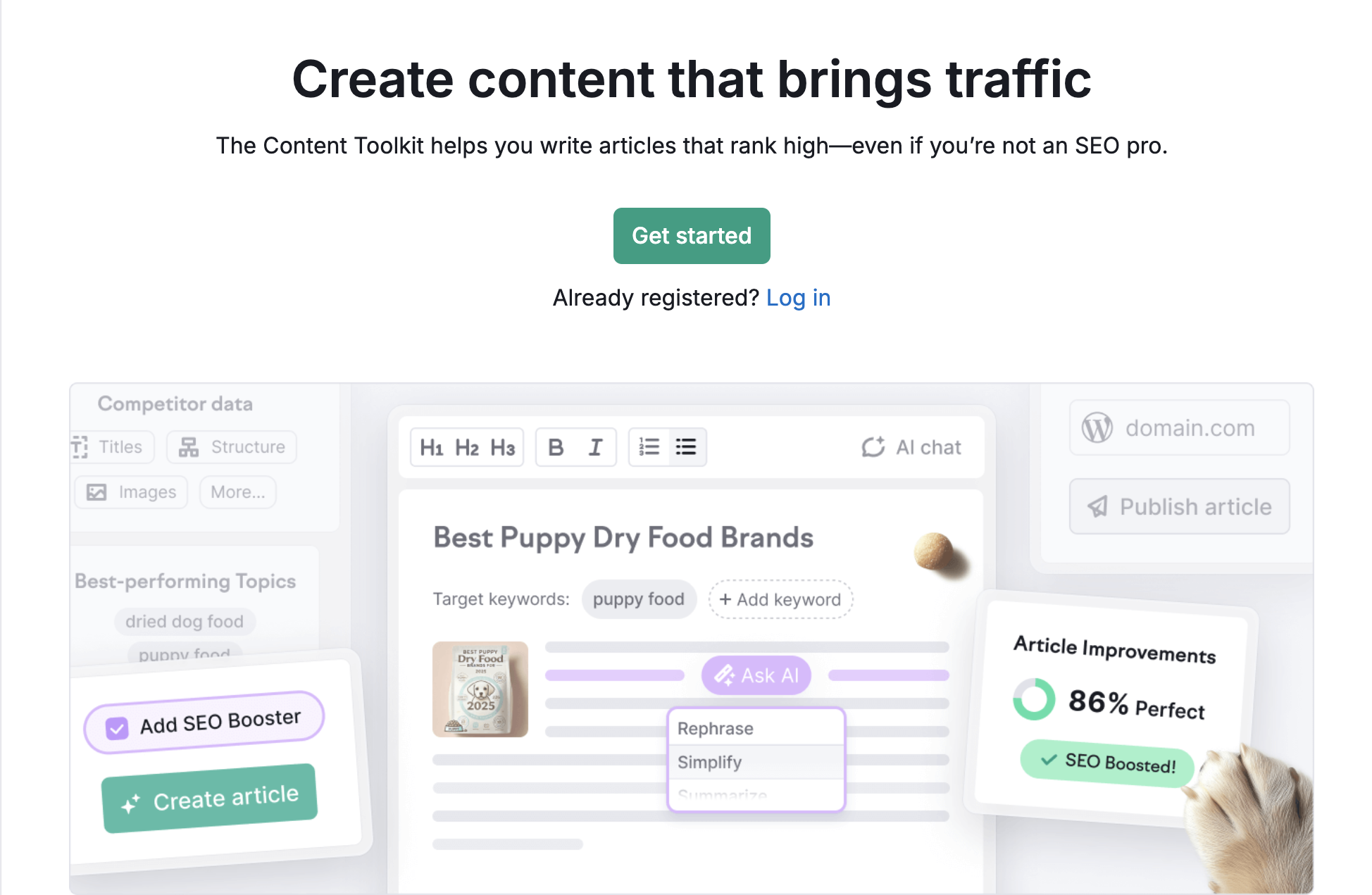 ContentShake AI Benutzeroberfläche mit Content-Erstellung und SEO-Analyse